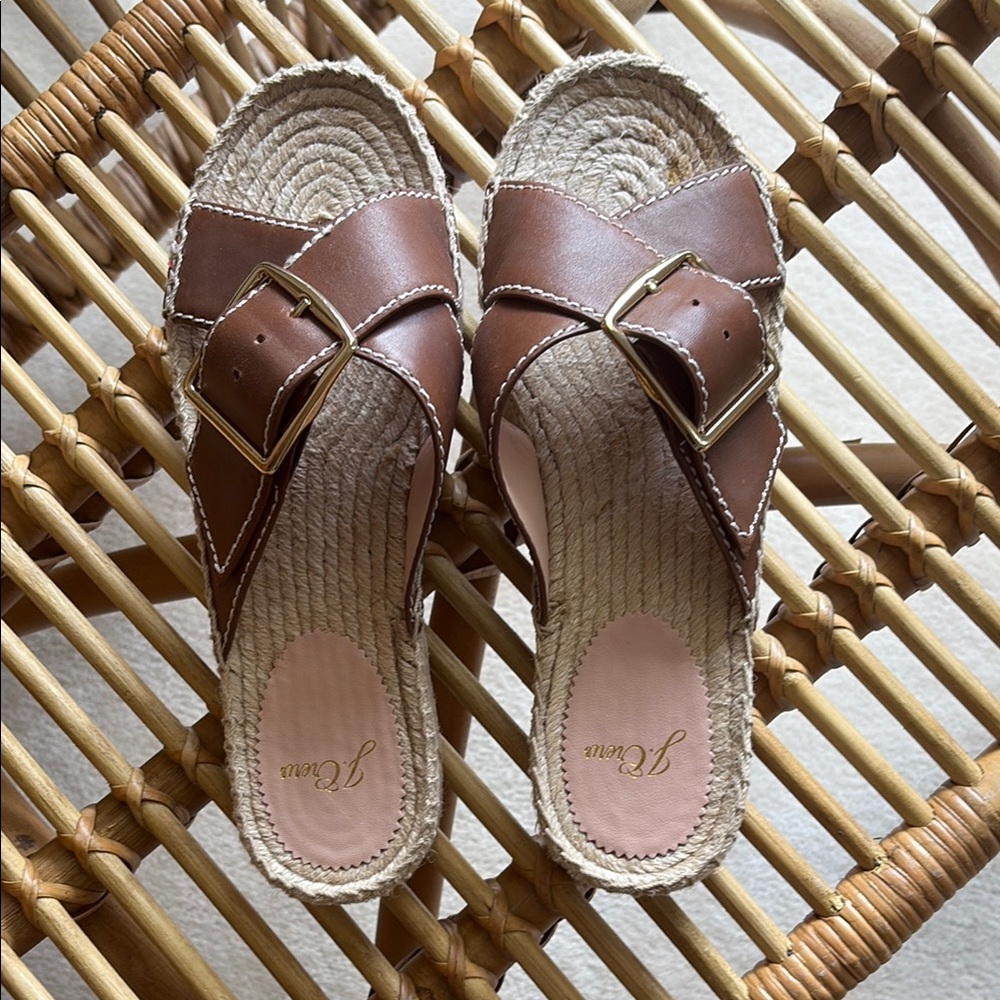 J. Crew Brown Leather Espadrille Slide Sandals